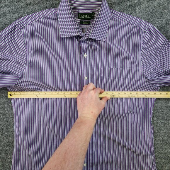 Lauren Ralph Lauren Slim Fit Men's 17 34/35 Purple Green Stripe Button Up Cotton - Picture 5 of 7